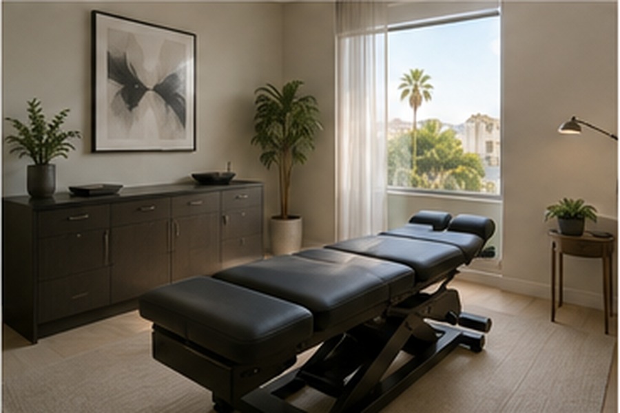 A clean, modern chiropractic treatment room with an adjustable treatment table
